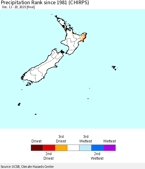 New Zealand Precipitation Rank since 1981 (CHIRPS) Thematic Map For 12/11/2023 - 12/20/2023