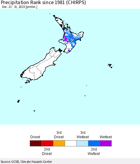 New Zealand Precipitation Rank since 1981 (CHIRPS) Thematic Map For 12/21/2023 - 12/31/2023