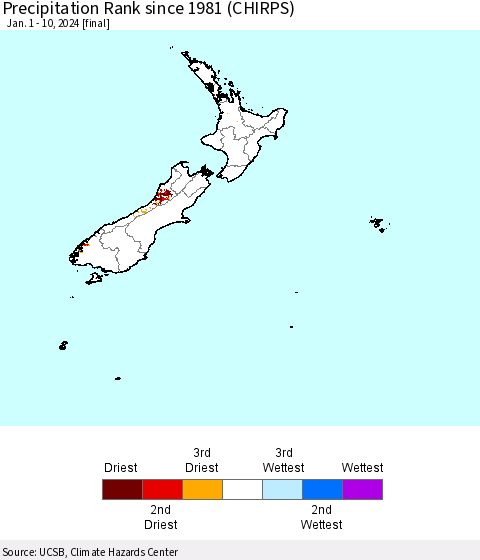 New Zealand Precipitation Rank since 1981 (CHIRPS) Thematic Map For 1/1/2024 - 1/10/2024