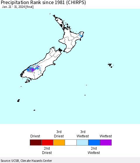 New Zealand Precipitation Rank since 1981 (CHIRPS) Thematic Map For 1/21/2024 - 1/31/2024