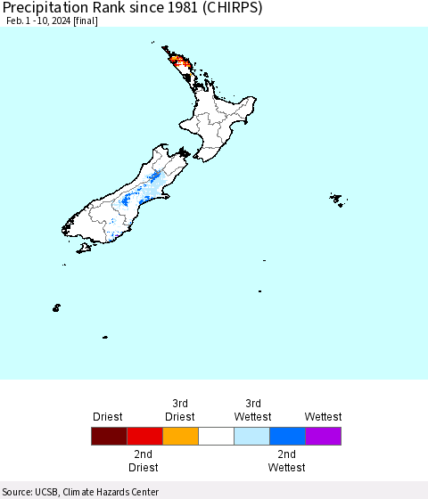 New Zealand Precipitation Rank since 1981 (CHIRPS) Thematic Map For 2/1/2024 - 2/10/2024