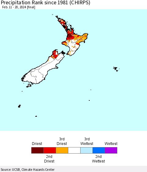 New Zealand Precipitation Rank since 1981 (CHIRPS) Thematic Map For 2/11/2024 - 2/20/2024