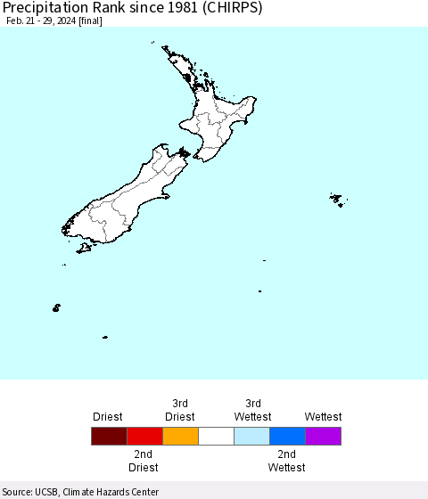 New Zealand Precipitation Rank since 1981 (CHIRPS) Thematic Map For 2/21/2024 - 2/29/2024