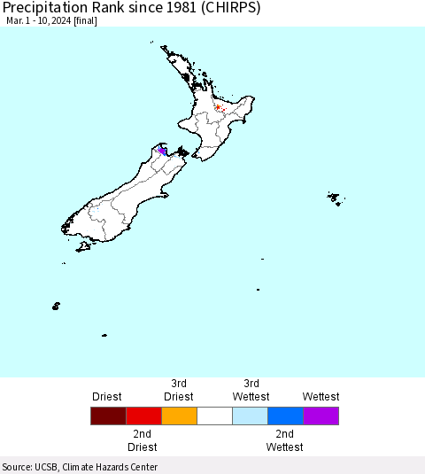 New Zealand Precipitation Rank since 1981 (CHIRPS) Thematic Map For 3/1/2024 - 3/10/2024