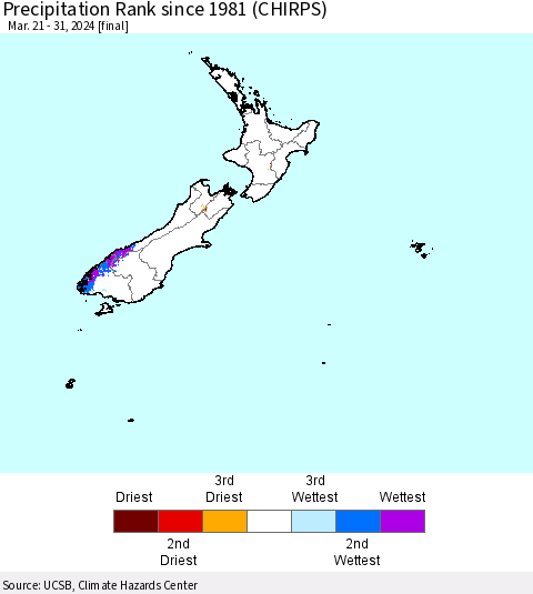 New Zealand Precipitation Rank since 1981 (CHIRPS) Thematic Map For 3/21/2024 - 3/31/2024