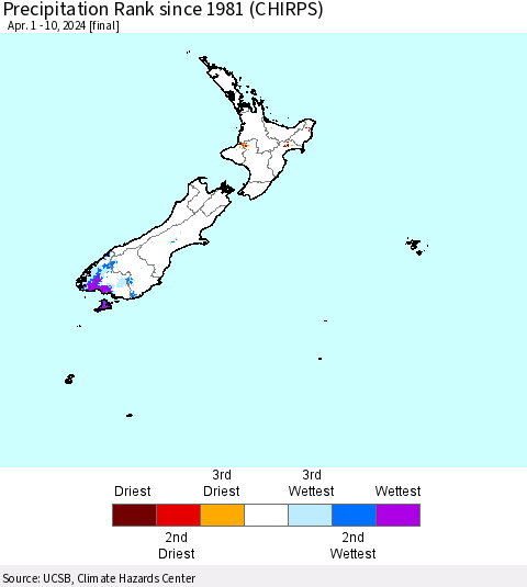 New Zealand Precipitation Rank since 1981 (CHIRPS) Thematic Map For 4/1/2024 - 4/10/2024