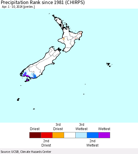 New Zealand Precipitation Rank since 1981 (CHIRPS) Thematic Map For 4/1/2024 - 4/10/2024