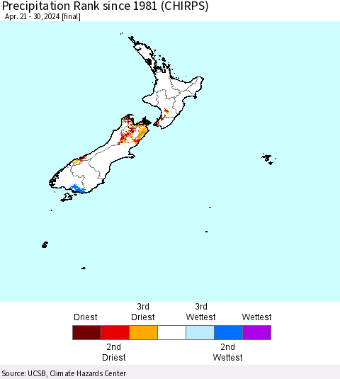 New Zealand Precipitation Rank since 1981 (CHIRPS) Thematic Map For 4/21/2024 - 4/30/2024