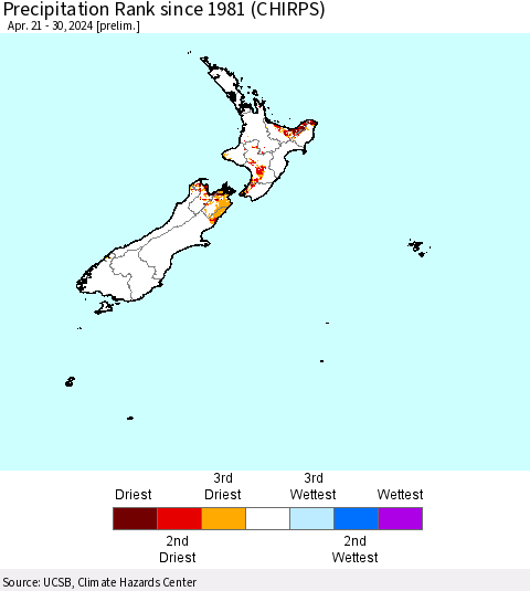 New Zealand Precipitation Rank since 1981 (CHIRPS) Thematic Map For 4/21/2024 - 4/30/2024