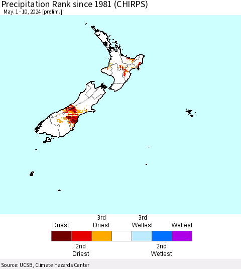 New Zealand Precipitation Rank since 1981 (CHIRPS) Thematic Map For 5/1/2024 - 5/10/2024