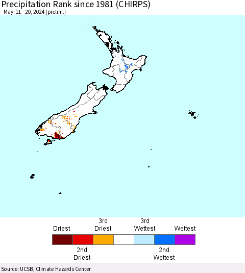 New Zealand Precipitation Rank since 1981 (CHIRPS) Thematic Map For 5/11/2024 - 5/20/2024