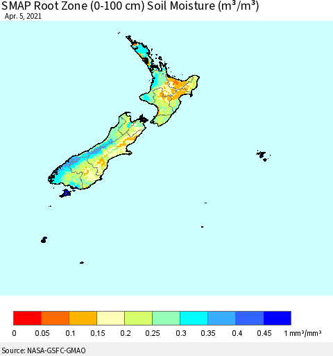 New Zealand SMAP Root Zone (0-100 cm) Soil Moisture (m³/m³) Thematic Map For 4/1/2021 - 4/5/2021