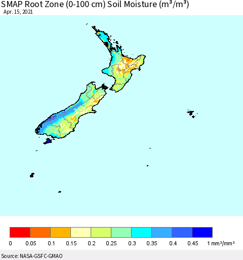 New Zealand SMAP Root Zone (0-100 cm) Soil Moisture (m³/m³) Thematic Map For 4/11/2021 - 4/15/2021