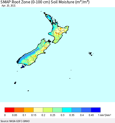 New Zealand SMAP Root Zone (0-100 cm) Soil Moisture (m³/m³) Thematic Map For 4/16/2021 - 4/20/2021