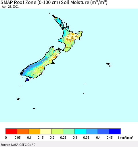 New Zealand SMAP Root Zone (0-100 cm) Soil Moisture (m³/m³) Thematic Map For 4/21/2021 - 4/25/2021