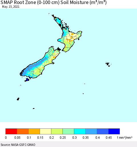 New Zealand SMAP Root Zone (0-100 cm) Soil Moisture (m³/m³) Thematic Map For 5/11/2021 - 5/15/2021