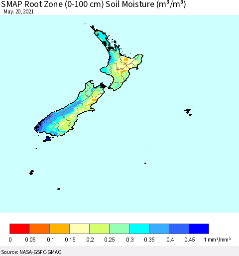 New Zealand SMAP Root Zone (0-100 cm) Soil Moisture (m³/m³) Thematic Map For 5/16/2021 - 5/20/2021