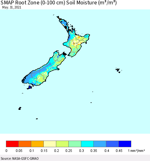 New Zealand SMAP Root Zone (0-100 cm) Soil Moisture (m³/m³) Thematic Map For 5/26/2021 - 5/31/2021