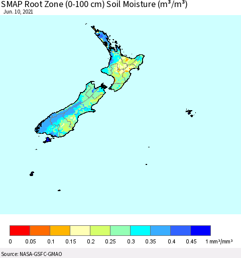 New Zealand SMAP Root Zone (0-100 cm) Soil Moisture (m³/m³) Thematic Map For 6/6/2021 - 6/10/2021