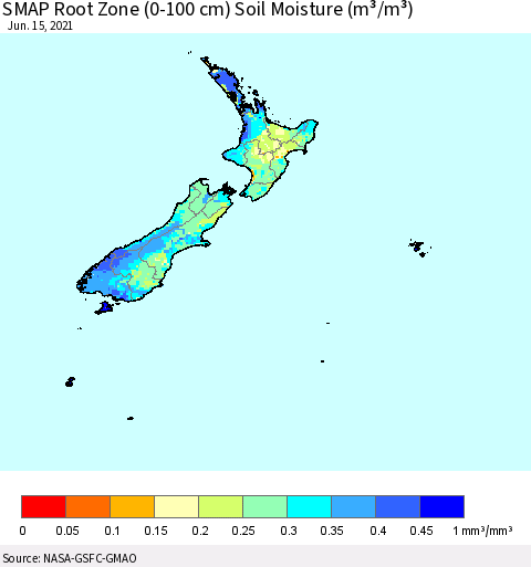 New Zealand SMAP Root Zone (0-100 cm) Soil Moisture (m³/m³) Thematic Map For 6/11/2021 - 6/15/2021