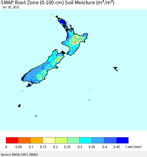 New Zealand SMAP Root Zone (0-100 cm) Soil Moisture (m³/m³) Thematic Map For 7/16/2021 - 7/20/2021
