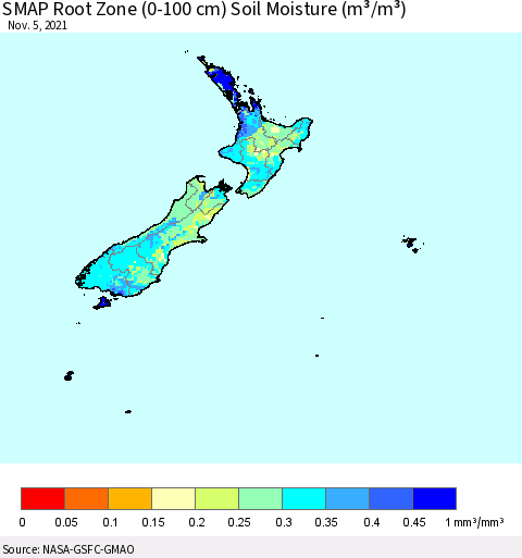New Zealand SMAP Root Zone (0-100 cm) Soil Moisture (m³/m³) Thematic Map For 11/1/2021 - 11/5/2021