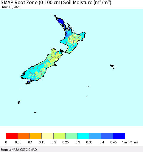 New Zealand SMAP Root Zone (0-100 cm) Soil Moisture (m³/m³) Thematic Map For 11/6/2021 - 11/10/2021