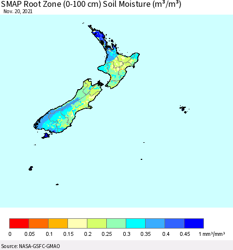 New Zealand SMAP Root Zone (0-100 cm) Soil Moisture (m³/m³) Thematic Map For 11/16/2021 - 11/20/2021