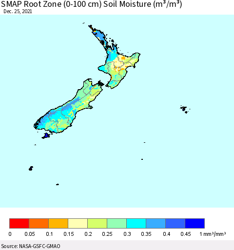 New Zealand SMAP Root Zone (0-100 cm) Soil Moisture (m³/m³) Thematic Map For 12/21/2021 - 12/25/2021