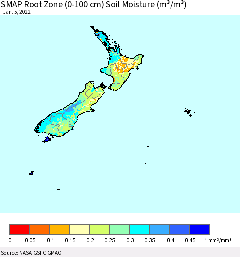 New Zealand SMAP Root Zone (0-100 cm) Soil Moisture (m³/m³) Thematic Map For 1/1/2022 - 1/5/2022
