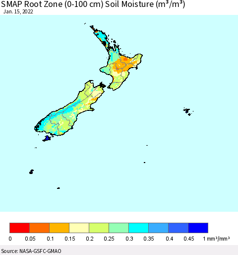 New Zealand SMAP Root Zone (0-100 cm) Soil Moisture (m³/m³) Thematic Map For 1/11/2022 - 1/15/2022