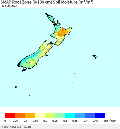 New Zealand SMAP Root Zone (0-100 cm) Soil Moisture (m³/m³) Thematic Map For 1/16/2022 - 1/20/2022