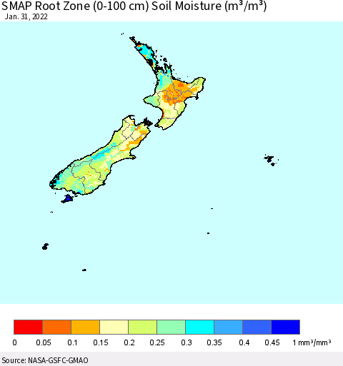 New Zealand SMAP Root Zone (0-100 cm) Soil Moisture (m³/m³) Thematic Map For 1/26/2022 - 1/31/2022