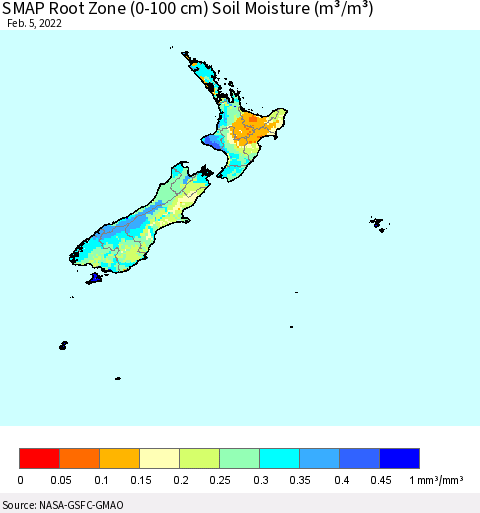 New Zealand SMAP Root Zone (0-100 cm) Soil Moisture (m³/m³) Thematic Map For 2/1/2022 - 2/5/2022