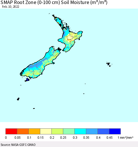 New Zealand SMAP Root Zone (0-100 cm) Soil Moisture (m³/m³) Thematic Map For 2/6/2022 - 2/10/2022