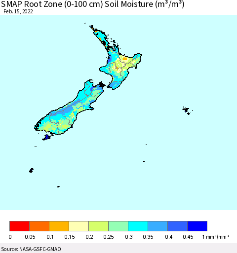 New Zealand SMAP Root Zone (0-100 cm) Soil Moisture (m³/m³) Thematic Map For 2/11/2022 - 2/15/2022
