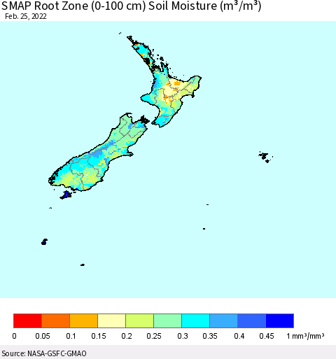 New Zealand SMAP Root Zone (0-100 cm) Soil Moisture (m³/m³) Thematic Map For 2/21/2022 - 2/25/2022