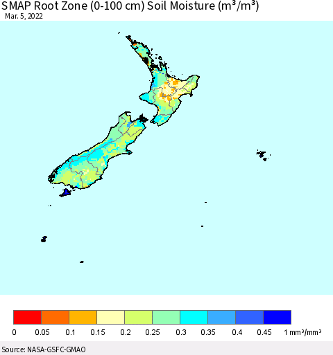 New Zealand SMAP Root Zone (0-100 cm) Soil Moisture (m³/m³) Thematic Map For 3/1/2022 - 3/5/2022