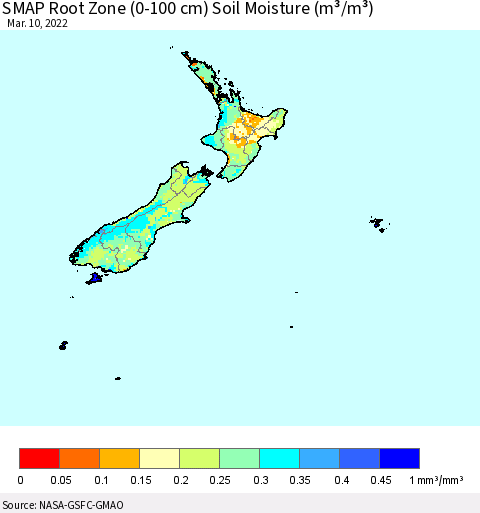 New Zealand SMAP Root Zone (0-100 cm) Soil Moisture (m³/m³) Thematic Map For 3/6/2022 - 3/10/2022