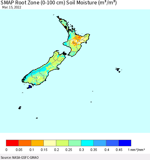 New Zealand SMAP Root Zone (0-100 cm) Soil Moisture (m³/m³) Thematic Map For 3/11/2022 - 3/15/2022