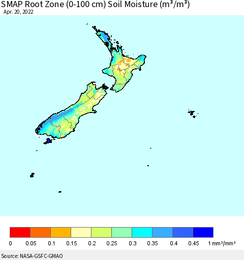 New Zealand SMAP Root Zone (0-100 cm) Soil Moisture (m³/m³) Thematic Map For 4/16/2022 - 4/20/2022