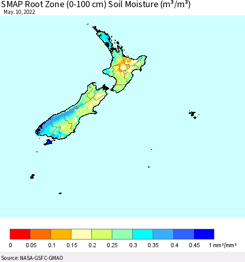New Zealand SMAP Root Zone (0-100 cm) Soil Moisture (m³/m³) Thematic Map For 5/6/2022 - 5/10/2022