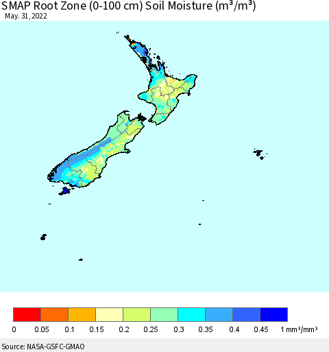 New Zealand SMAP Root Zone (0-100 cm) Soil Moisture (m³/m³) Thematic Map For 5/26/2022 - 5/31/2022