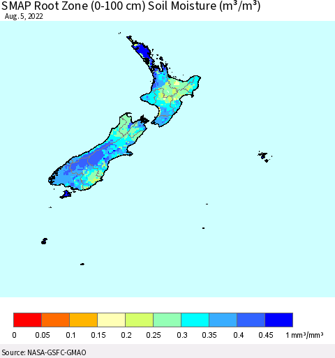 New Zealand SMAP Root Zone (0-100 cm) Soil Moisture (m³/m³) Thematic Map For 8/1/2022 - 8/5/2022