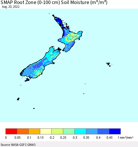 New Zealand SMAP Root Zone (0-100 cm) Soil Moisture (m³/m³) Thematic Map For 8/16/2022 - 8/20/2022