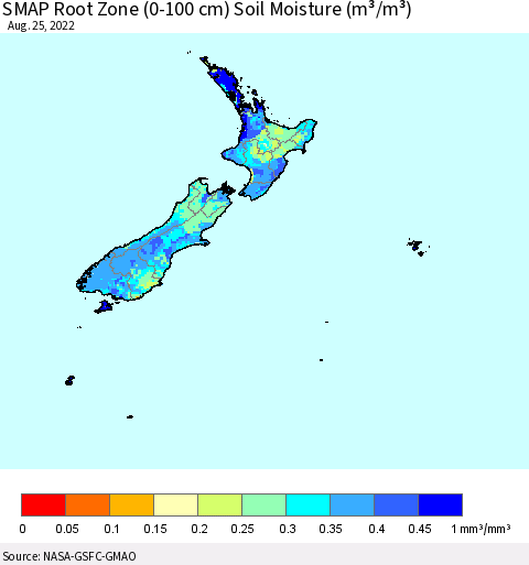 New Zealand SMAP Root Zone (0-100 cm) Soil Moisture (m³/m³) Thematic Map For 8/21/2022 - 8/25/2022