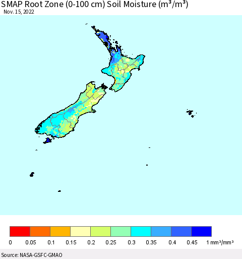 New Zealand SMAP Root Zone (0-100 cm) Soil Moisture (m³/m³) Thematic Map For 11/11/2022 - 11/15/2022