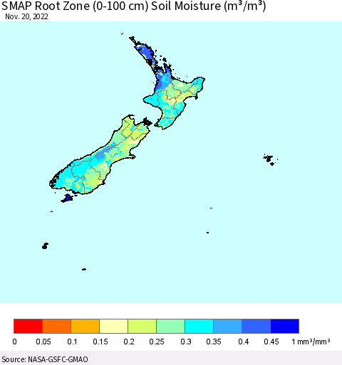 New Zealand SMAP Root Zone (0-100 cm) Soil Moisture (m³/m³) Thematic Map For 11/16/2022 - 11/20/2022