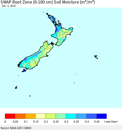 New Zealand SMAP Root Zone (0-100 cm) Soil Moisture (m³/m³) Thematic Map For 12/1/2022 - 12/5/2022