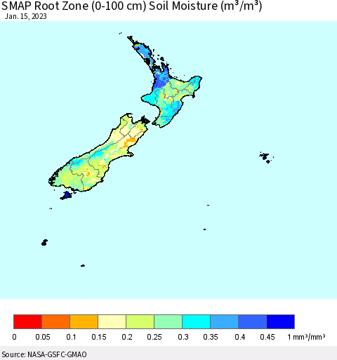 New Zealand SMAP Root Zone (0-100 cm) Soil Moisture (m³/m³) Thematic Map For 1/11/2023 - 1/15/2023